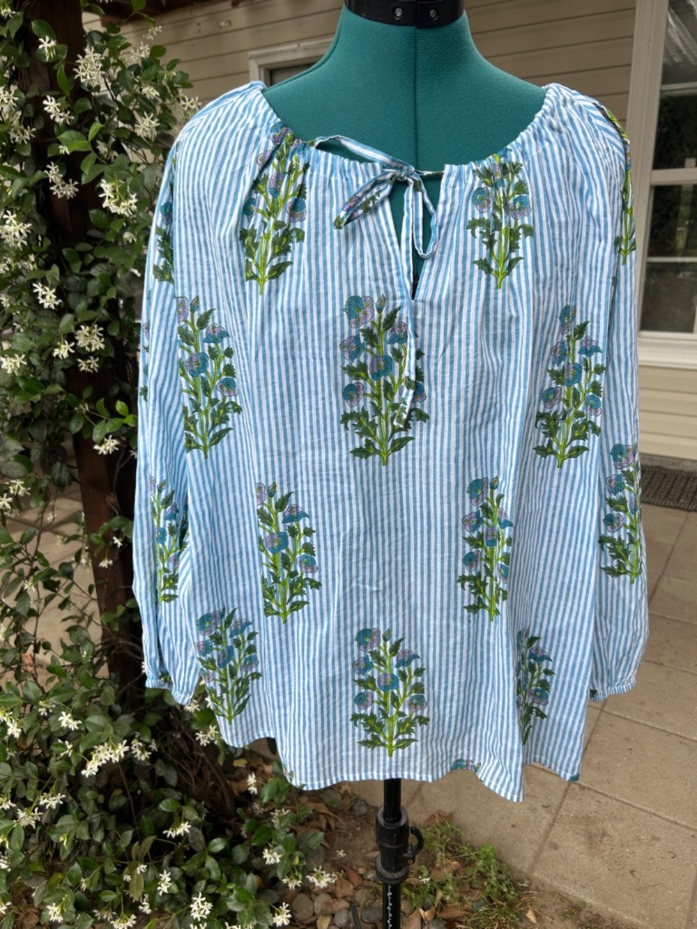 SZ Blockprints Blue Striped Floral Cotton Peasant Blouse - Picture 2 of 6